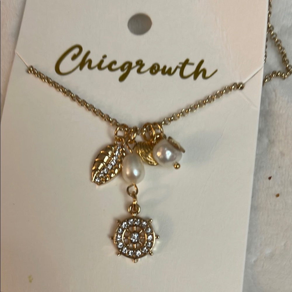 Gold and White Charm Necklace with Pearl Accents